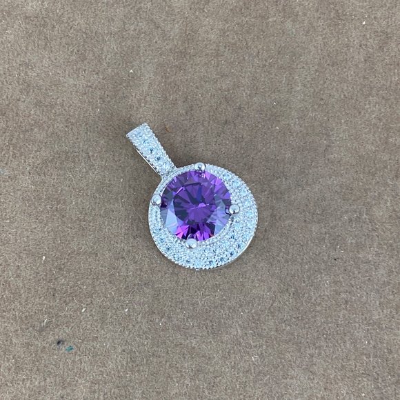 New 8.3MM Faceted Round 1CT Deep Purple Amethyst & CZ 925 Sterling Pendant - Picture 2 of 4